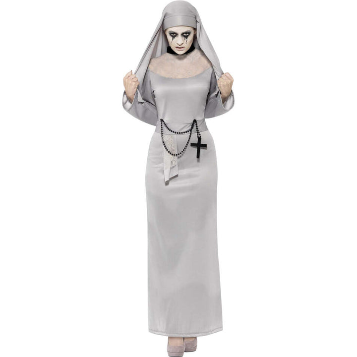 Gothic Nun Costume Adult Grey Habit Dress with Lace Top and Headpiece 1