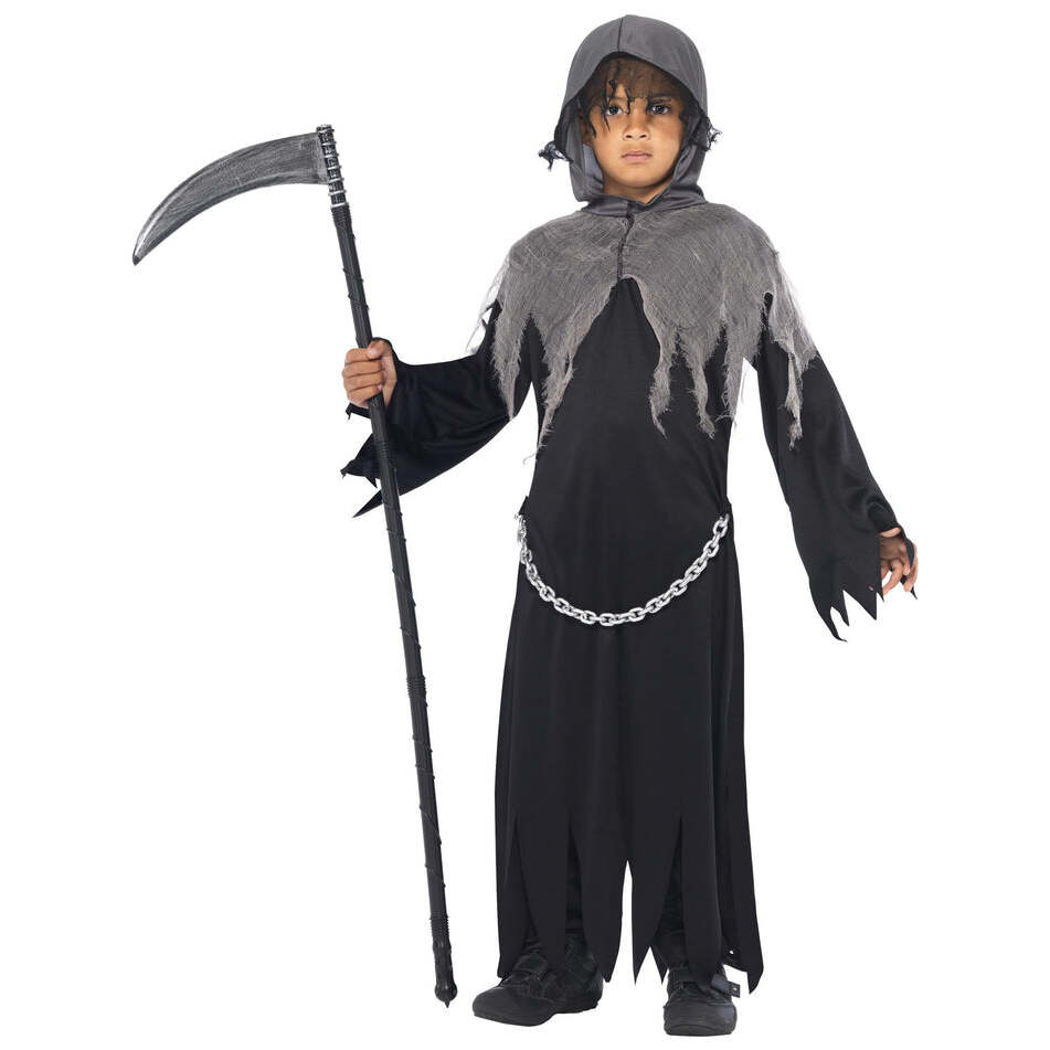 Grim Reaper Costume Kids Black and Grey Hooded Robe with Attached Chain 1