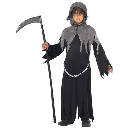 Grim Reaper Costume Kids Black and Grey Hooded Robe with Attached Chain 1