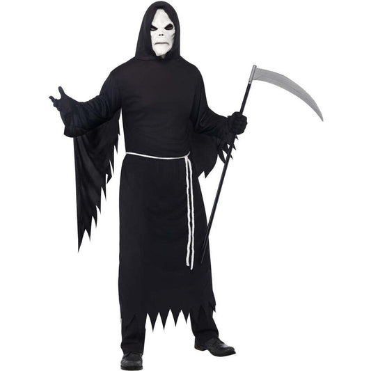 Grim Reaper Costume Adult Black Hooded Robe White Mask and Belt 1