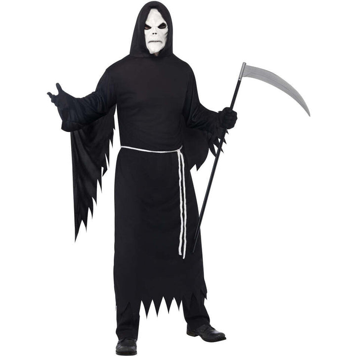 Grim Reaper Costume Adult Black Hooded Robe White Mask and Belt 1