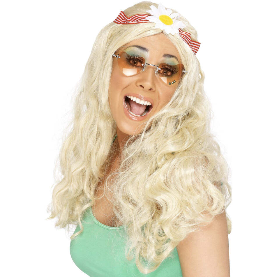 Groovy Wig Adult Long Wavy Blonde with Daisy Headband Costume Accessory 1