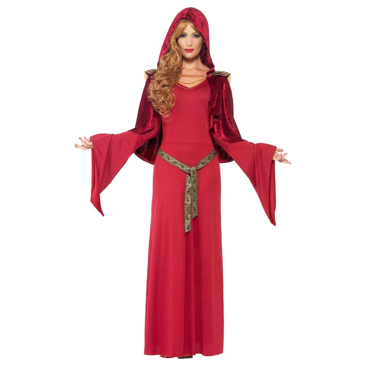High Priestess Costume Adult Red Dress Attached Belt Hooded Cape 1