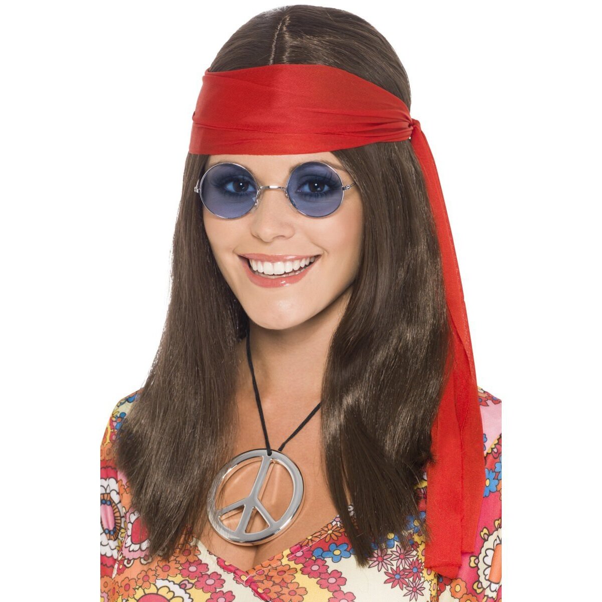 Hippy Chick Kit Adult Brown Wig Specs Medallion Red Headband 1