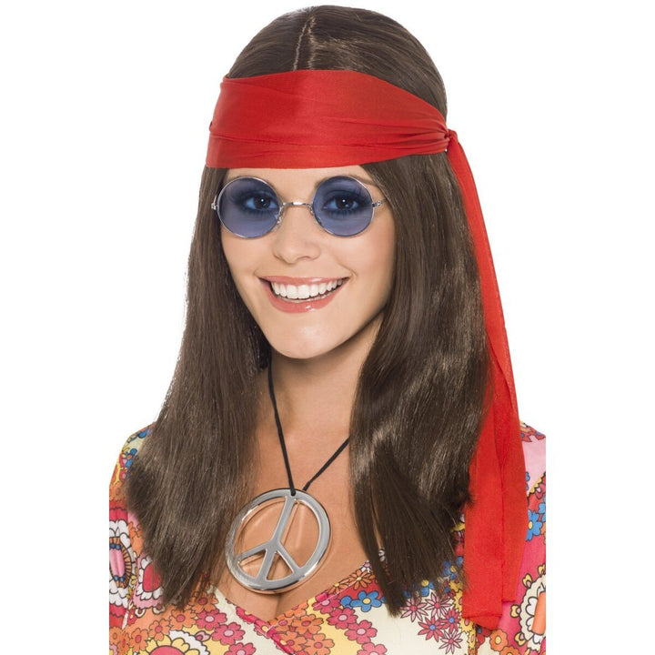 Hippy Chick Kit Adult Brown Wig Specs Medallion Red Headband 1
