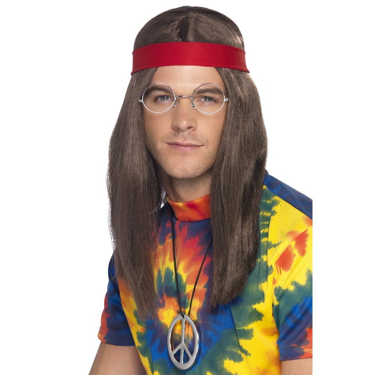 Hippy Man Kit Long Brown Wig Specs Medallion Red Headband Adult 60s Costume 1