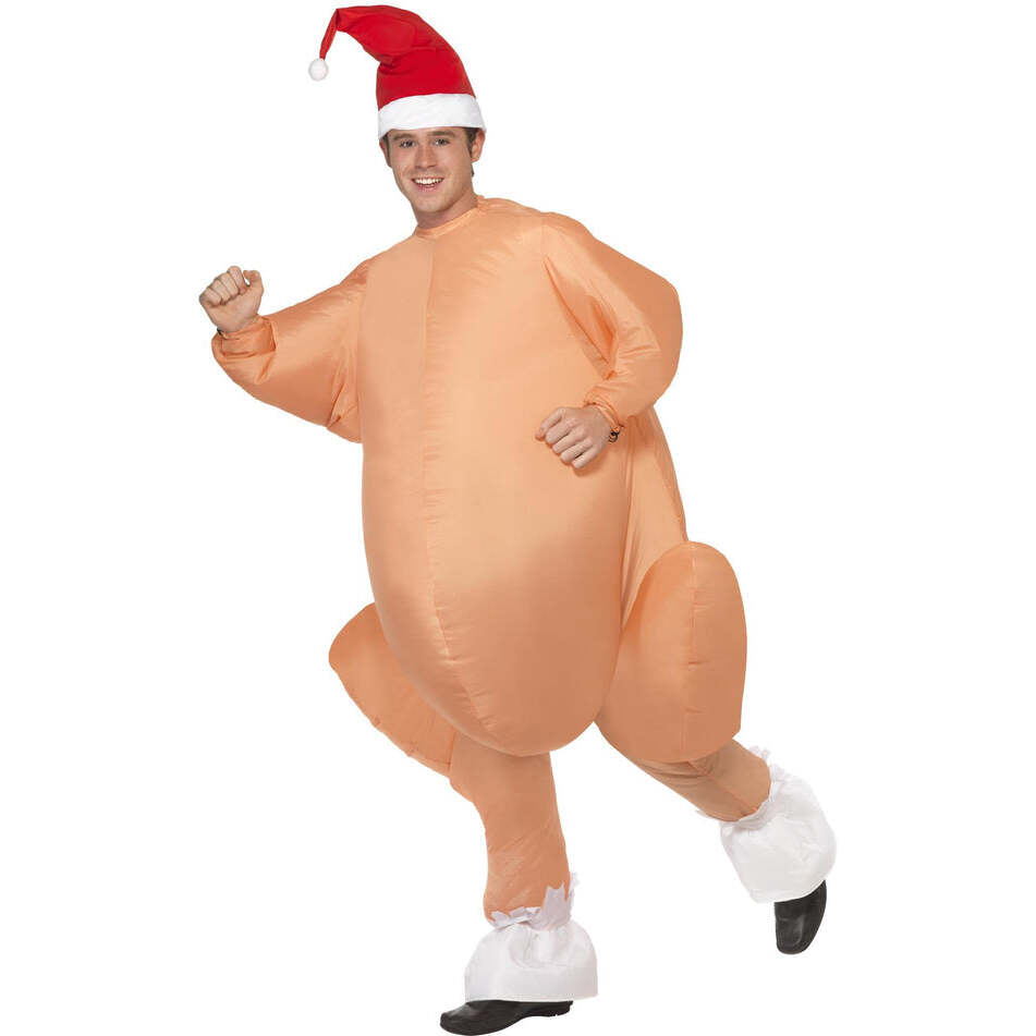 Inflatable Roast Turkey Costume Adult Bodysuit with Self Inflating Fan and Xmas Hat 1