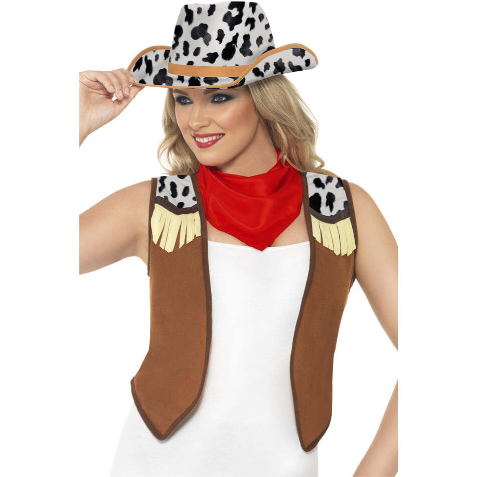Instant Kit Wild West Brown White Waistcoat Red Neck Scarf and Hat 1