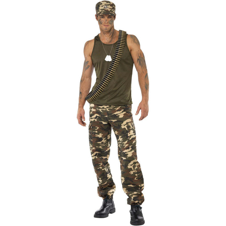 Khaki Camo Costume Adult Vest Trousers Hat 90s Boy Band Style Army Outfit 1