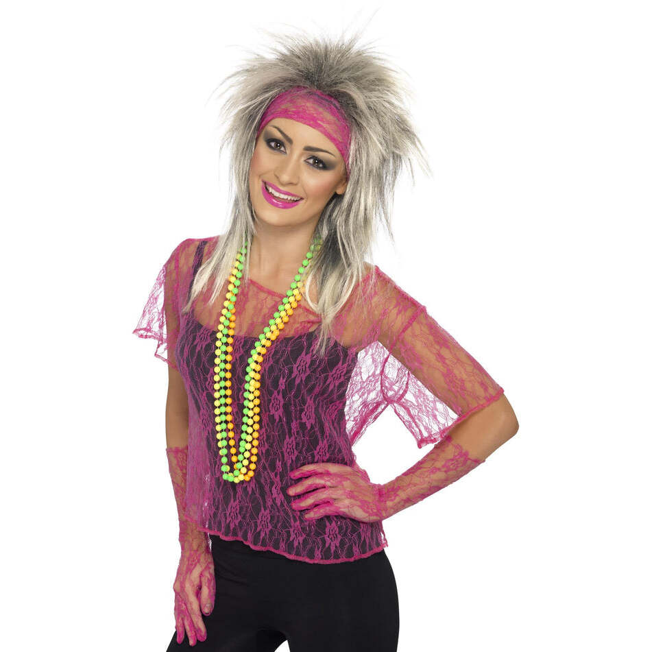 Lace Net Vest Gloves and Headband Adult Neon Pink 80s Costume Set 1