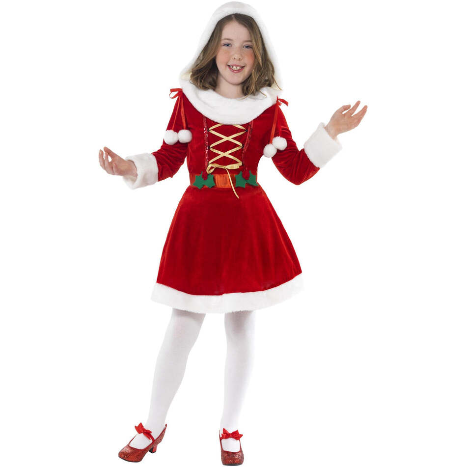 Little Miss Santa Costume Kids Red White Dress with Attached Hood 1