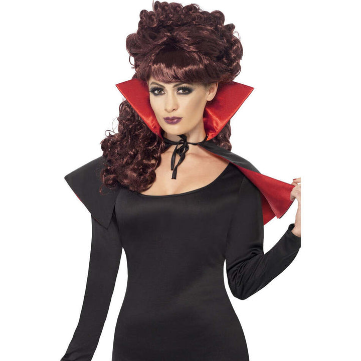 Mini Vamp Cape Adult Red and Black with High Collar Halloween Costume Accessory Set 1