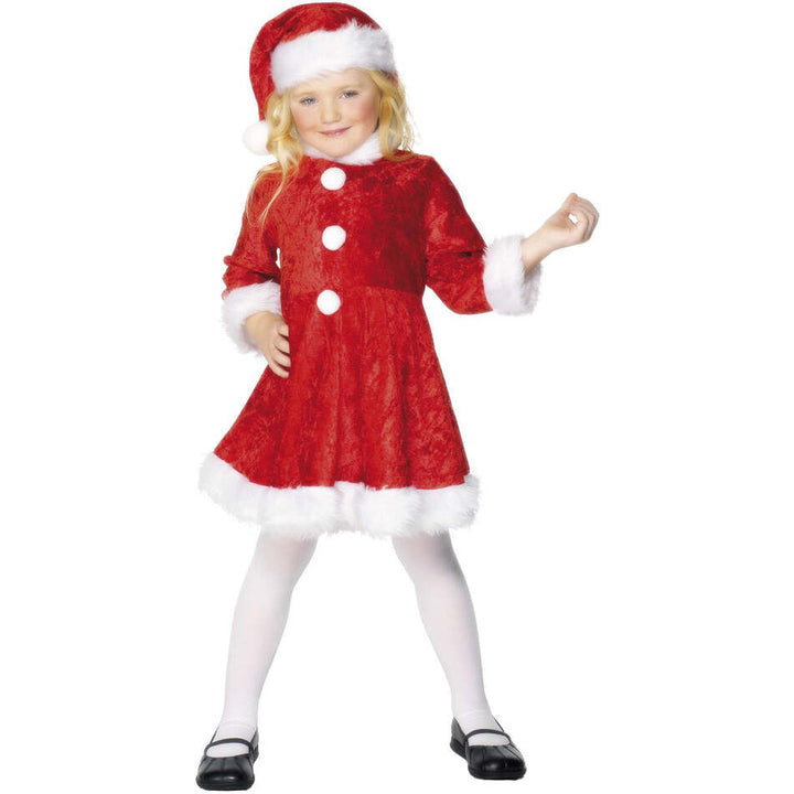 Mini Miss Santa Costume Kids Red Velour Dress with White Fake Fur Trim and Matching Hat 1