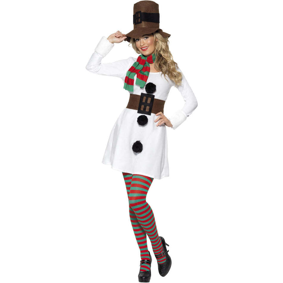 Miss Snowman Costume Adult White Dress with Brown Hat, Belt and Red Green Scarf 1