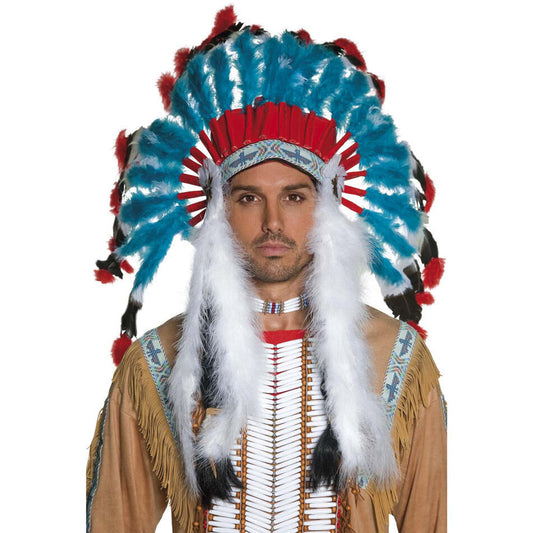 Native American Inspired Headdress Blue Red White Feathers Adult Costume Accessory 1