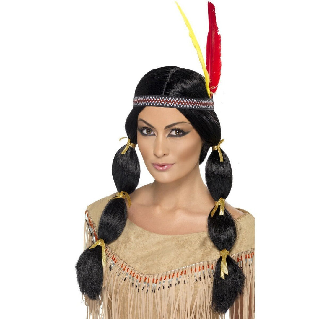 Native American Inspired Wig Black Pigtails Feather Headband 1