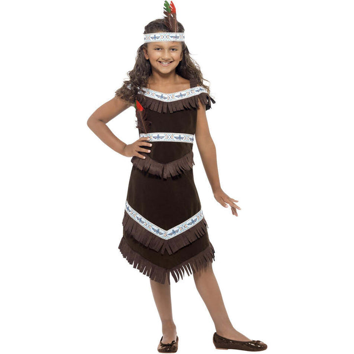 Native American Inspired Girl Costume Kids Brown Fringed Dress and Feather Headband 1