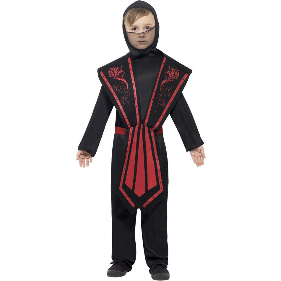 Ninja Costume Kids Black Red Jumpsuit with Hood Overpiece Belt and Bands 1