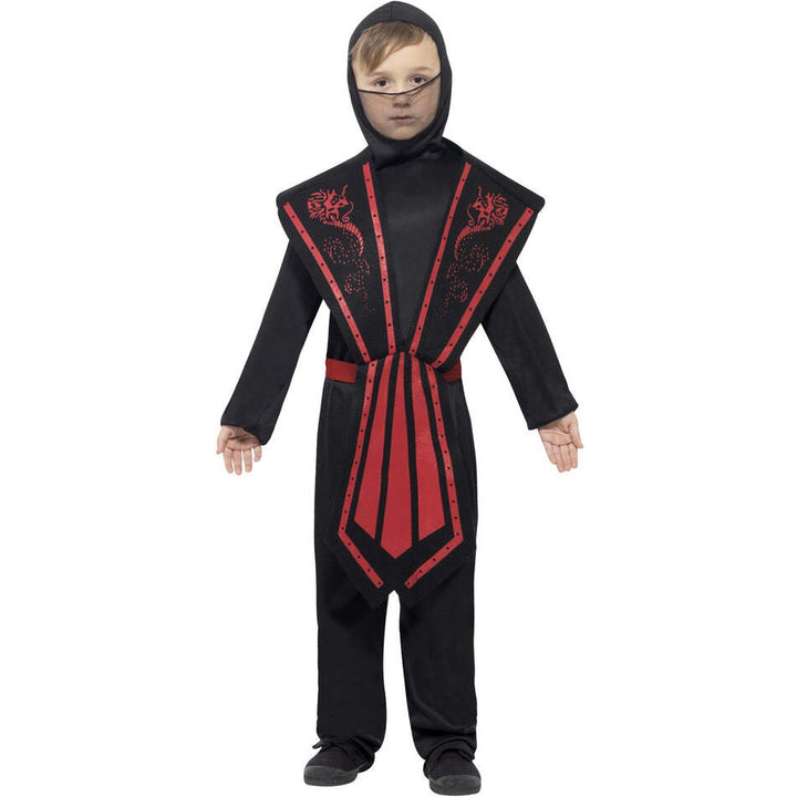 Ninja Costume Kids Black Red Jumpsuit with Hood Overpiece Belt and Bands 1