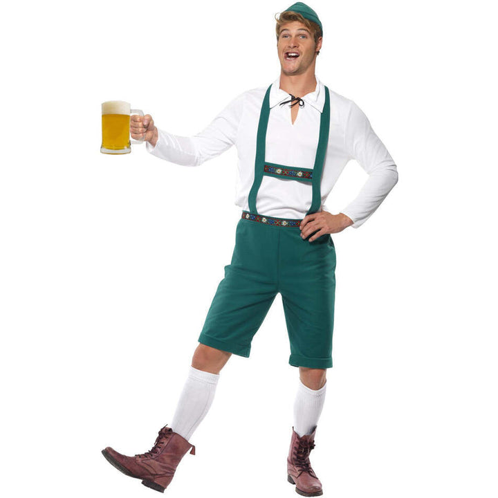 Oktoberfest Costume Adult Green Lederhosen Shorts With Braces White Top and Hat 1