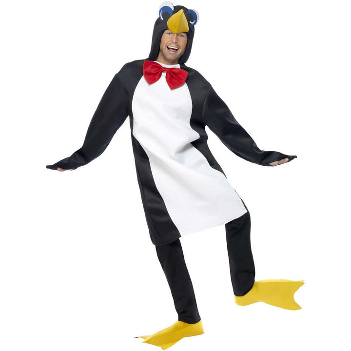 Penguin Costume Black White Bodysuit Red Bow Tie and Yellow Boot Covers 1