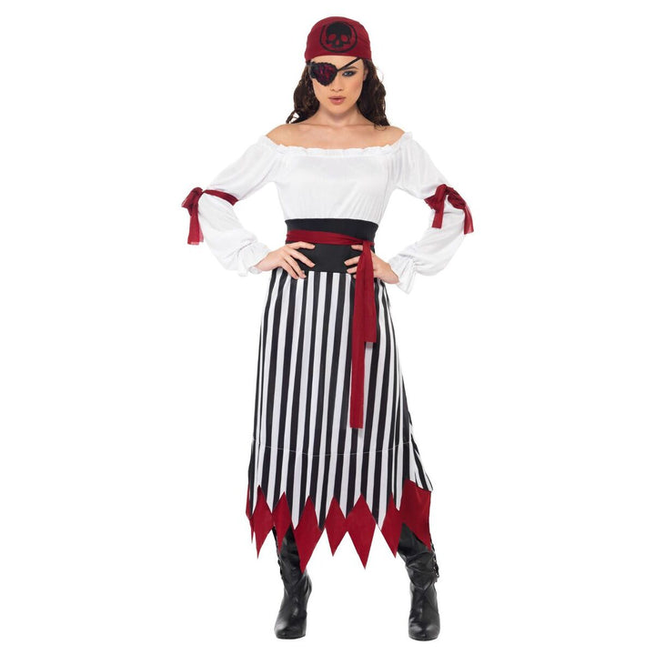 Pirate Lady Adult Costume Elizabeth Swann Black and White Dress Red Arm Ties Belt and Headpiece 1