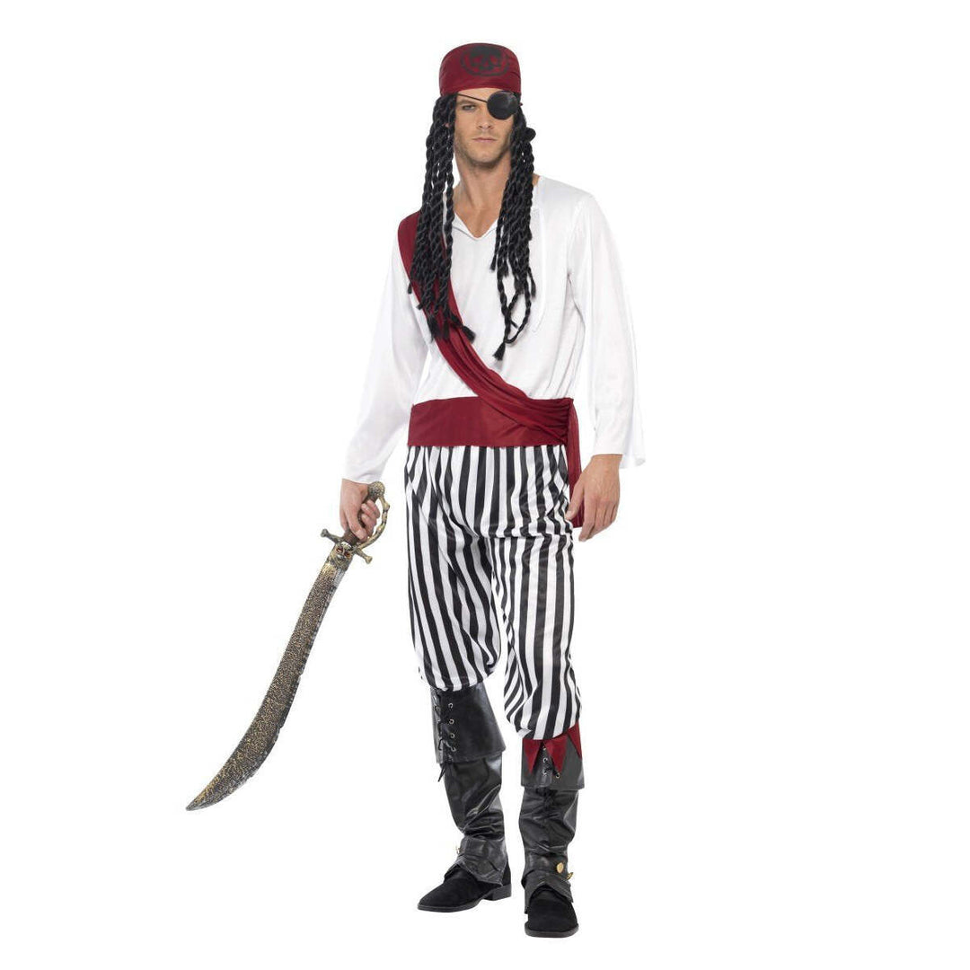 Pirate Man Costume Adult White Black Red Shirt Trousers Headpiece Belt 1