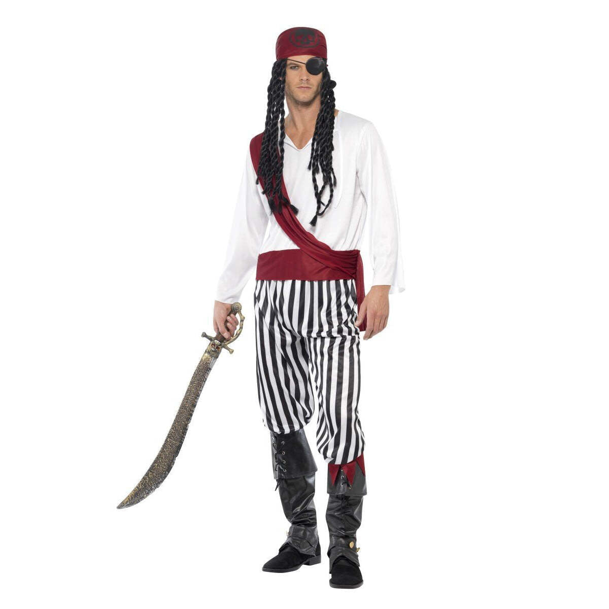Pirate Man Costume Adult White Black Red Shirt Trousers Headpiece Belt 1