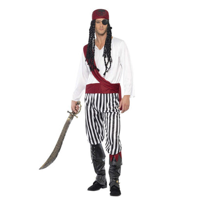 Pirate Man Costume Adult White Black Red Shirt Trousers Headpiece Belt 1