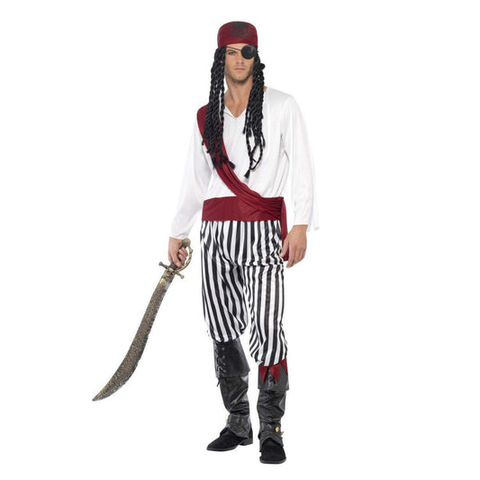 Pirate Man Costume Adult White Black Red Shirt Trousers Headpiece Belt 1