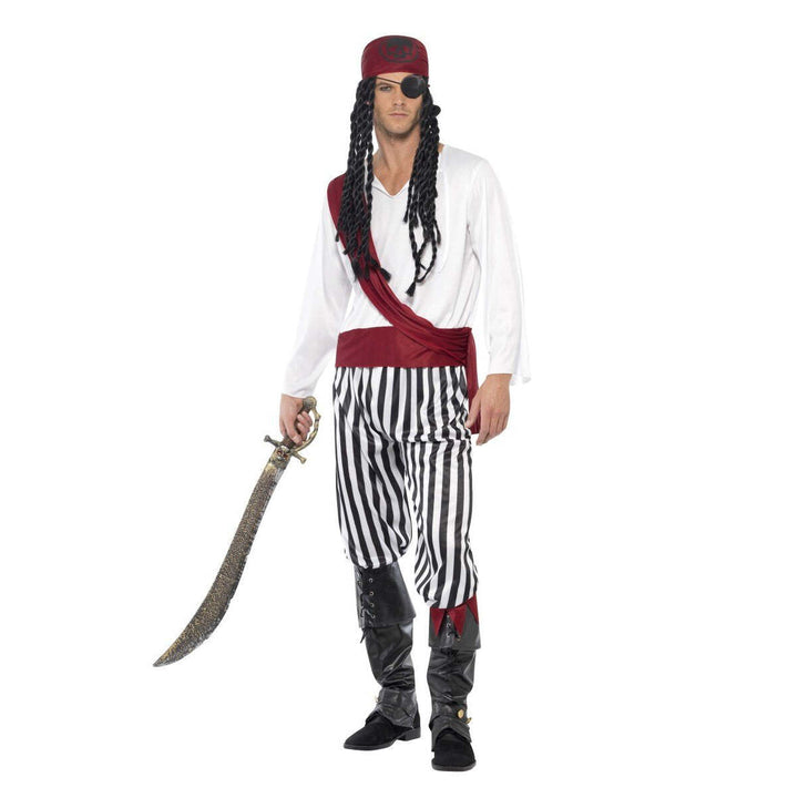 Pirate Man Costume Adult White Black Red Shirt Trousers Headpiece Belt 1