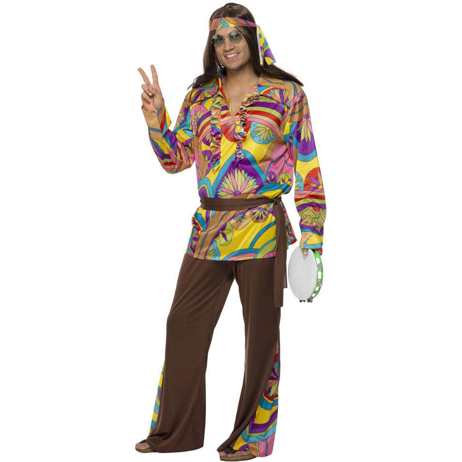 Psychedelic Hippie Man Costume Adult Multi Coloured Shirt Headband Brown Trousers Belt 1