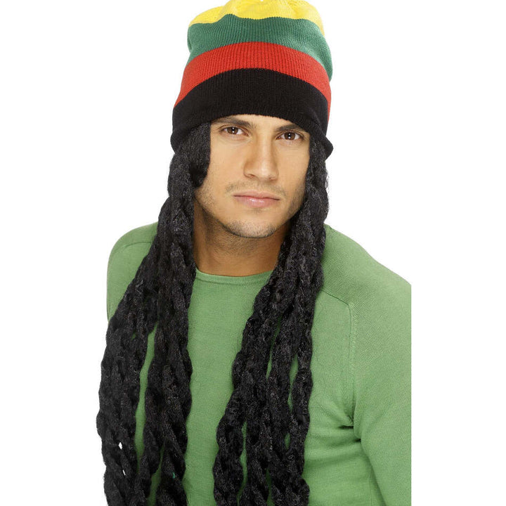 Rasta Hat with Long Black Dreadlocks Caribbean Costume Accessory 1