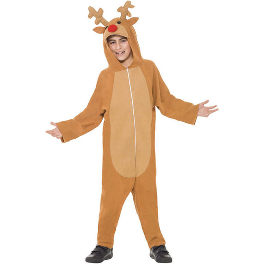 Kids Reindeer Costume Brown Hooded Jumpsuit with Antlers and Red Nose 1