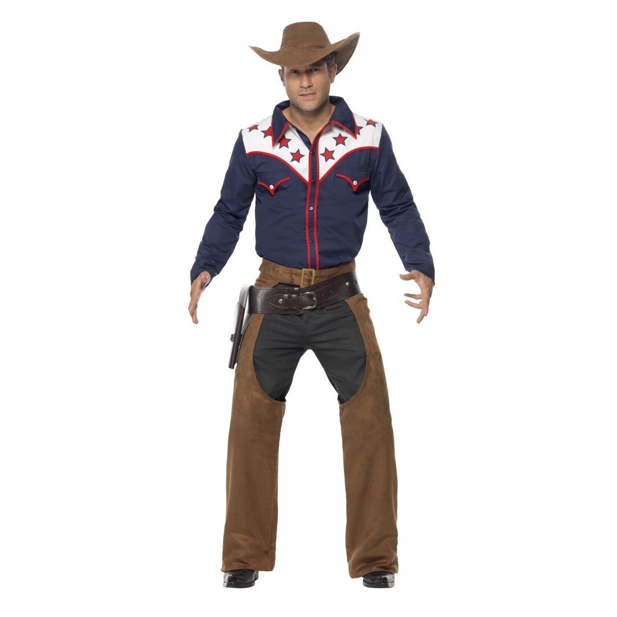 Rodeo Cowboy Costume Adult Blue Shirt Brown Chaps 1
