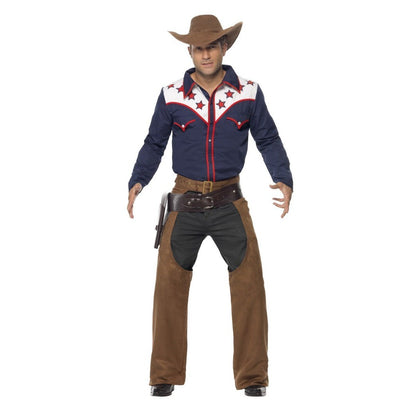 Rodeo Cowboy Costume Adult Blue Shirt Brown Chaps 1