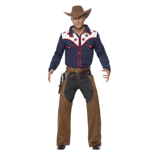 Rodeo Cowboy Costume Adult Blue Shirt Brown Chaps 1