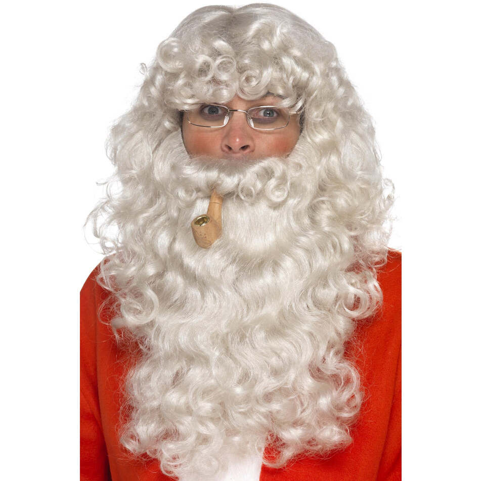 Santa Dress Up Kit Deluxe Long Pearl Grey Curly Wig Matching Beard Glasses and Wooden Effect Pipe 1