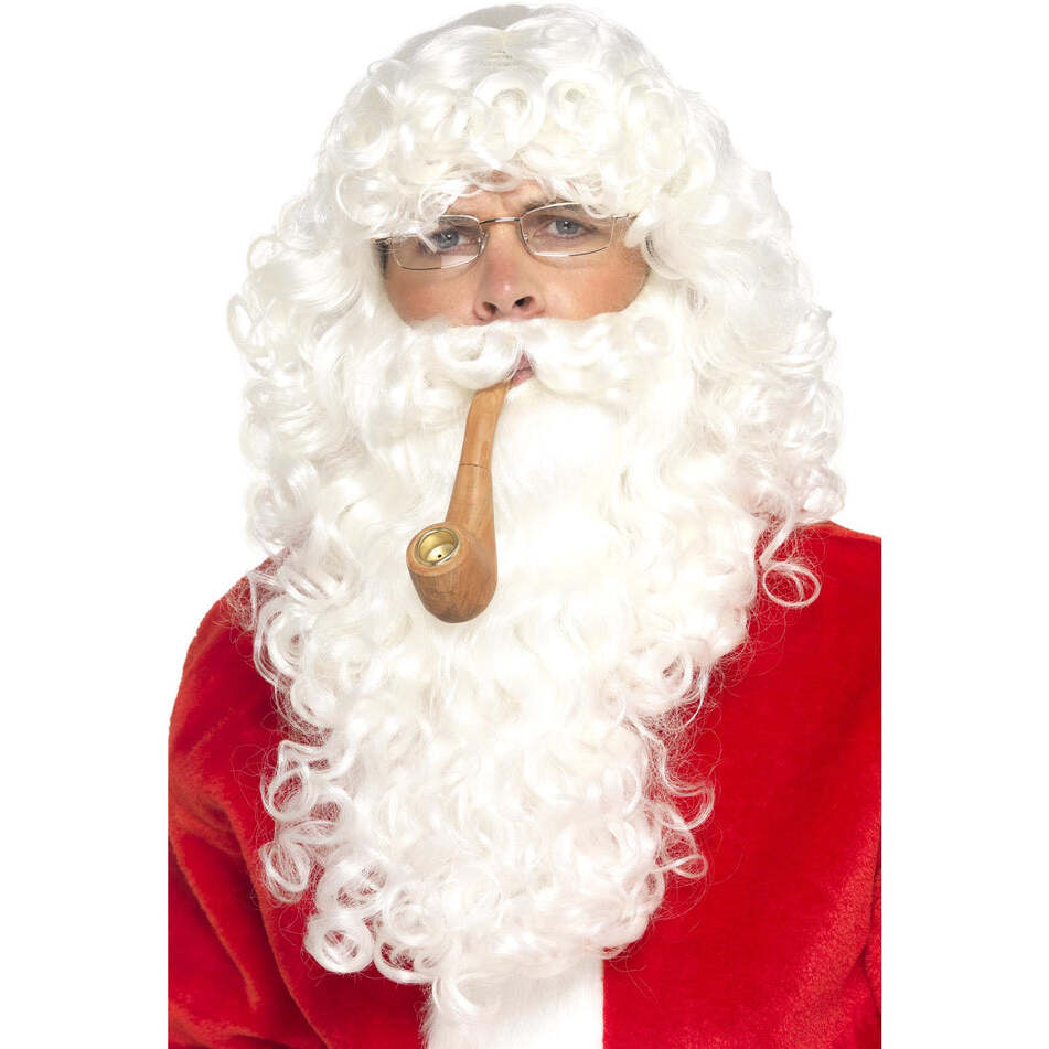 Santa Dress Up Kit Adult White Beard Wig Glasses Pipe 1