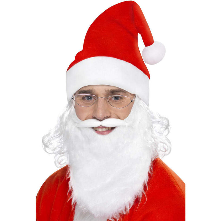 Santa Dress Up Kit White Beard Red and White Hat With Attached Wig Glasses With Silver Frames. 1