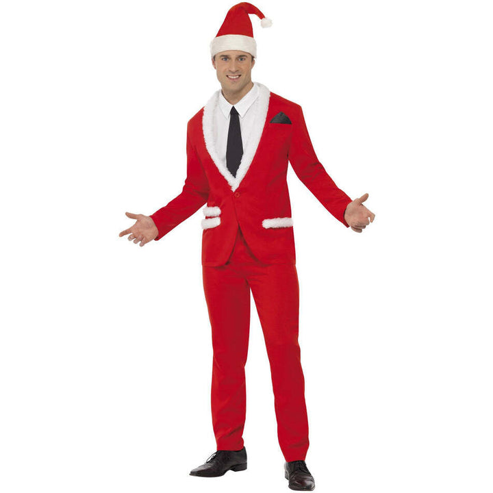Santa Cool Costume Adult Red Jacket Trousers Hat Mock Shirt and Tie 1
