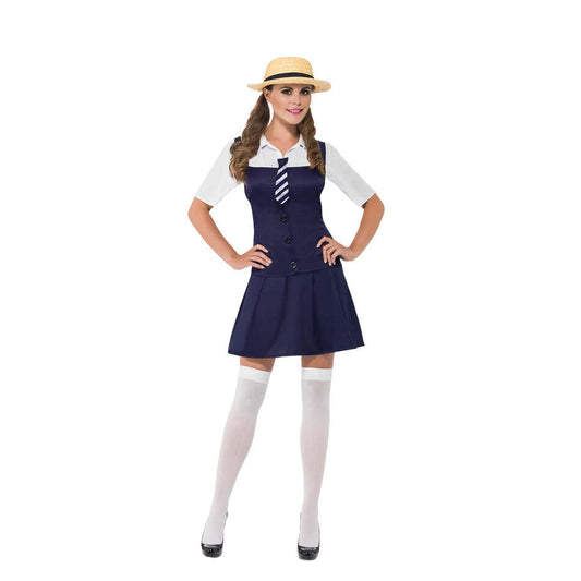 School Girl Costume Adult Black Dress Attached White Shirt Tie and Boater Hat 1