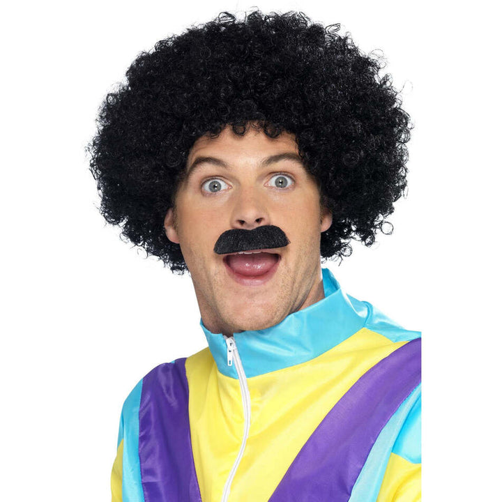 Scouser Set Black Curly Wig and Tash Adult 80s Instant Costume 1