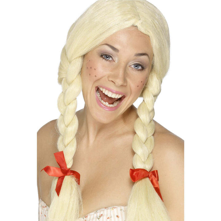 Schoolgirl Dutch Wig Blonde Plaits with Red Ribbons 1