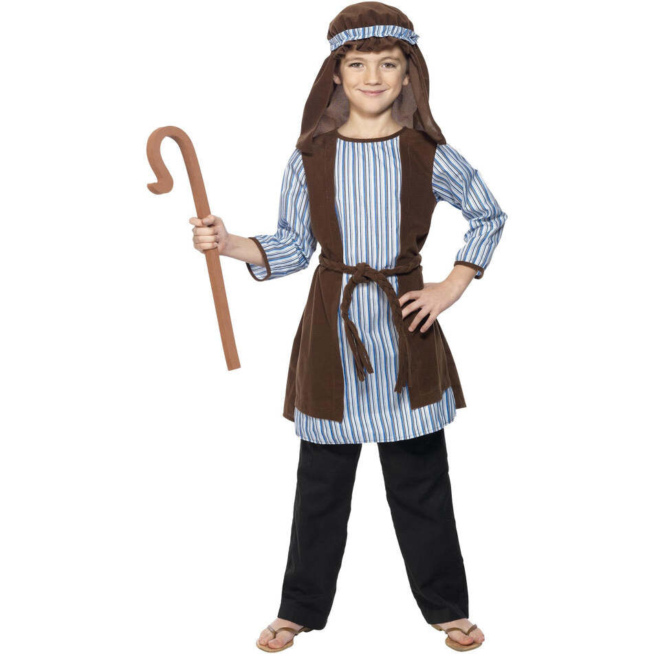 Shepherd Costume Kids Brown and Blue Robe Headpiece and EVA Staff 1