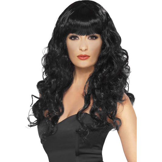 Siren Wig Long Curly Black with Fringe Adult Costume Hair 1