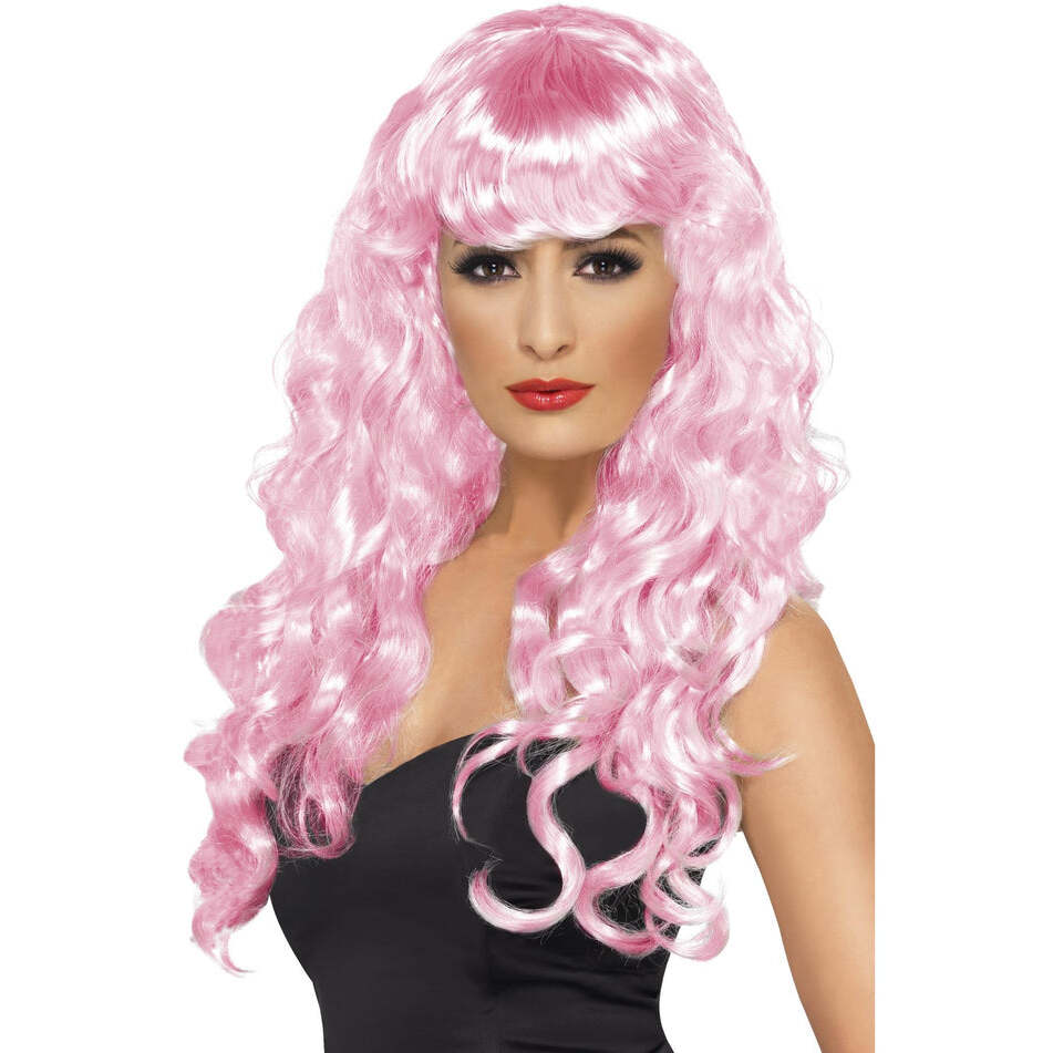 Siren Wig Adult Pink Long Curly with Fringe Music Video Costume Hair 1