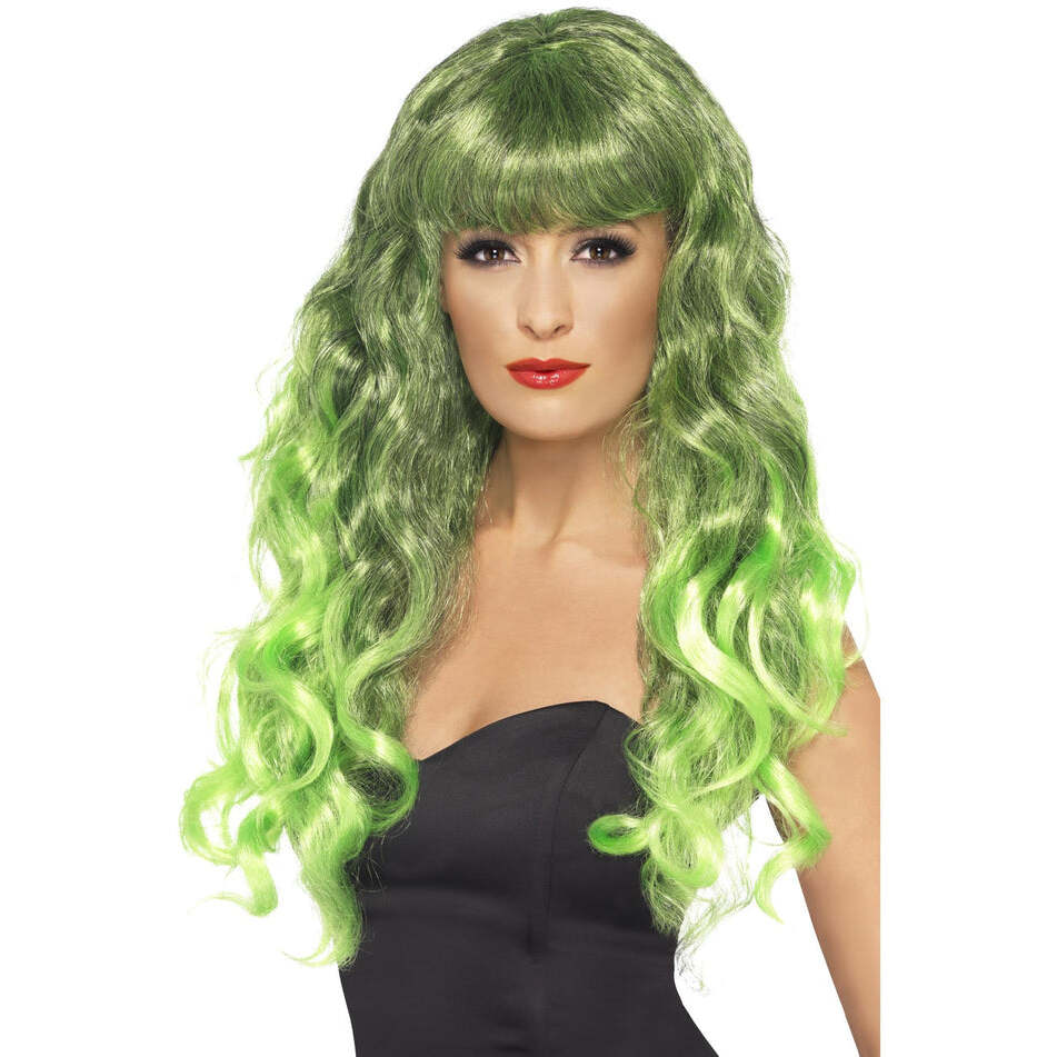 Siren Wig Long Curly Green and Black with Fringe Adult Costume Hair 1