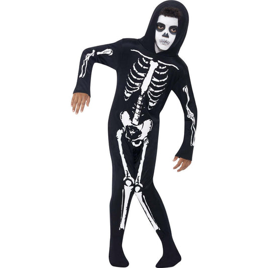 Kids Skeleton Black Hooded All in One Halloween Costume 1