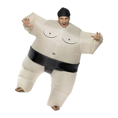 Sumo Wrestler Costume White Inflatable Bodysuit and Black Headpiece 1